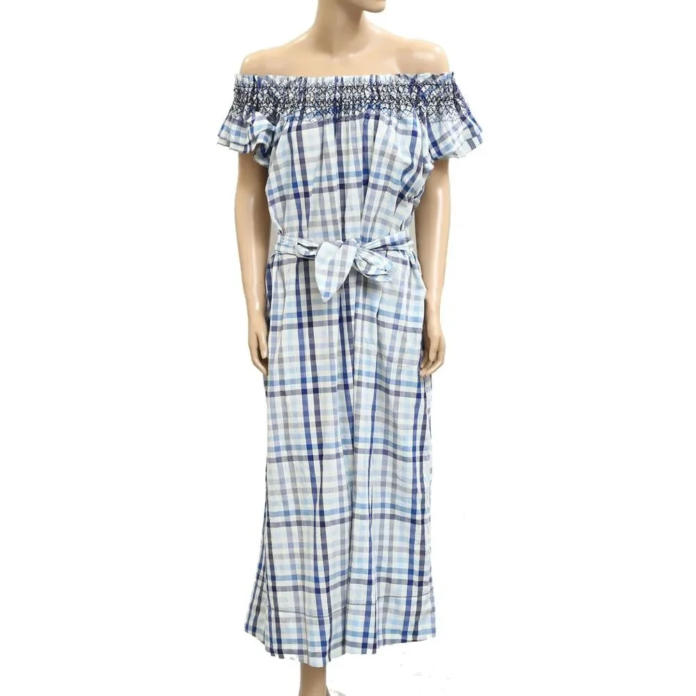 The Great. Plaid Printed Long Maxi Dress Ruffle Off The Shoulder Cotton S 282162